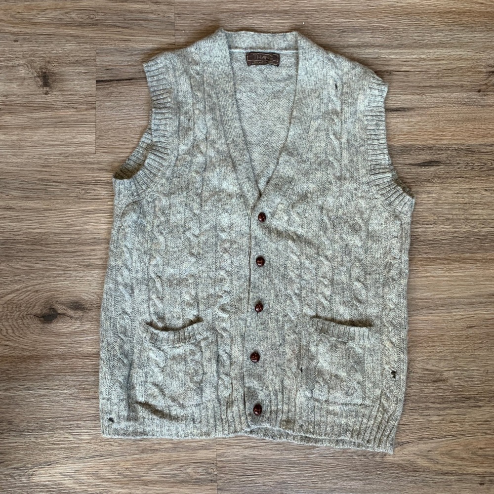 Vintage Thane Mens Large 100% Shetland Wool Cable Knit Cardigan Vest Gray